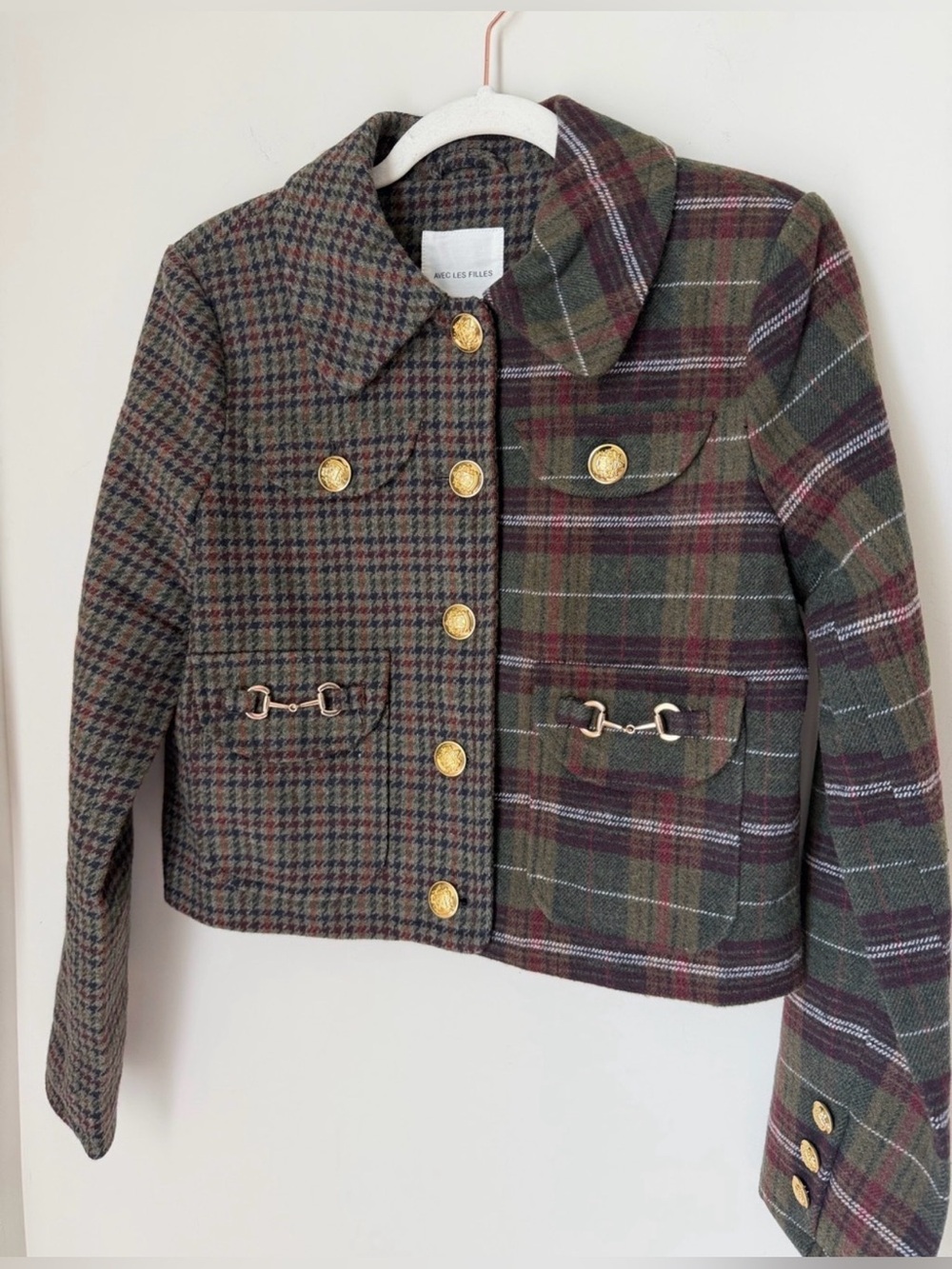 Avec les filles green mixed Plaid gold horsebit buckle button up Jacket - Picture 2 of 4